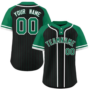 Custom Black Kelly Green-White Stripe Fashion Raglan Sleeves Authentic Two-Button Baseball Jersey