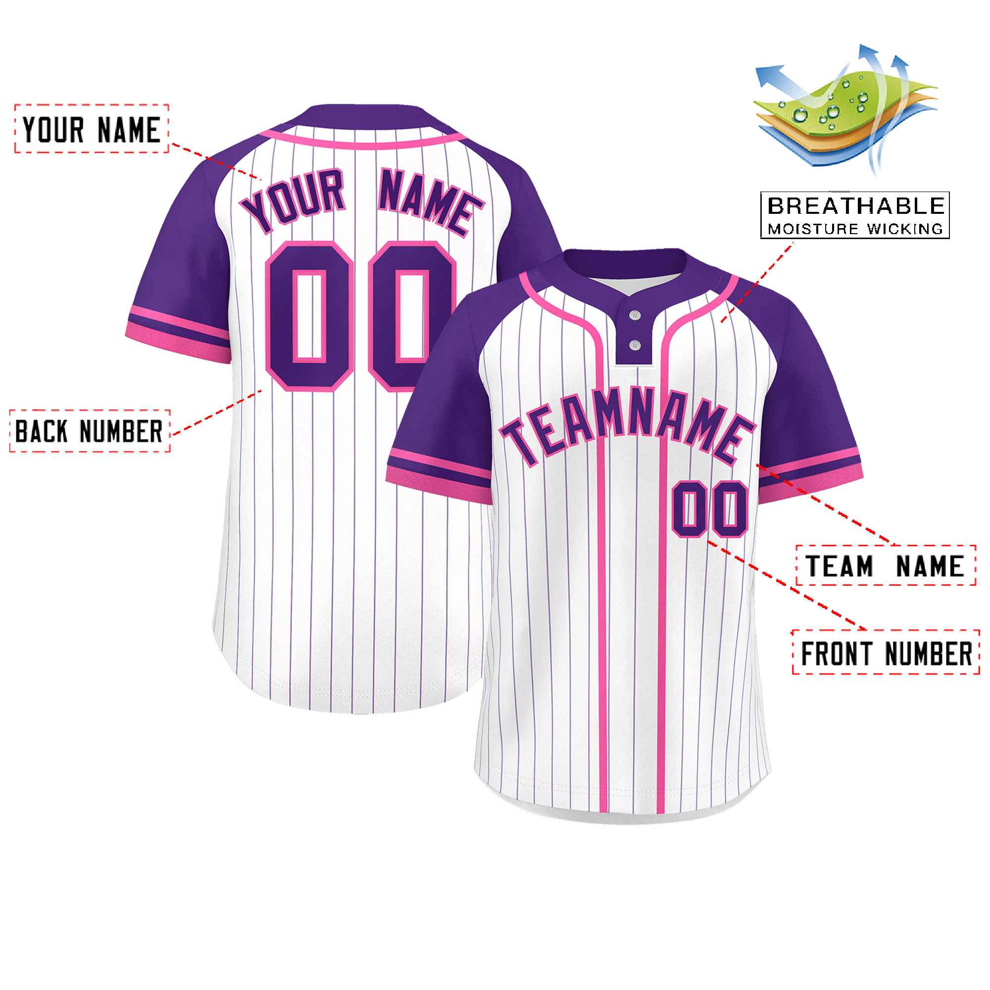 Custom White Purple-Pink Stripe Fashion Raglan Sleeves Authentic Two-Button Baseball Jersey