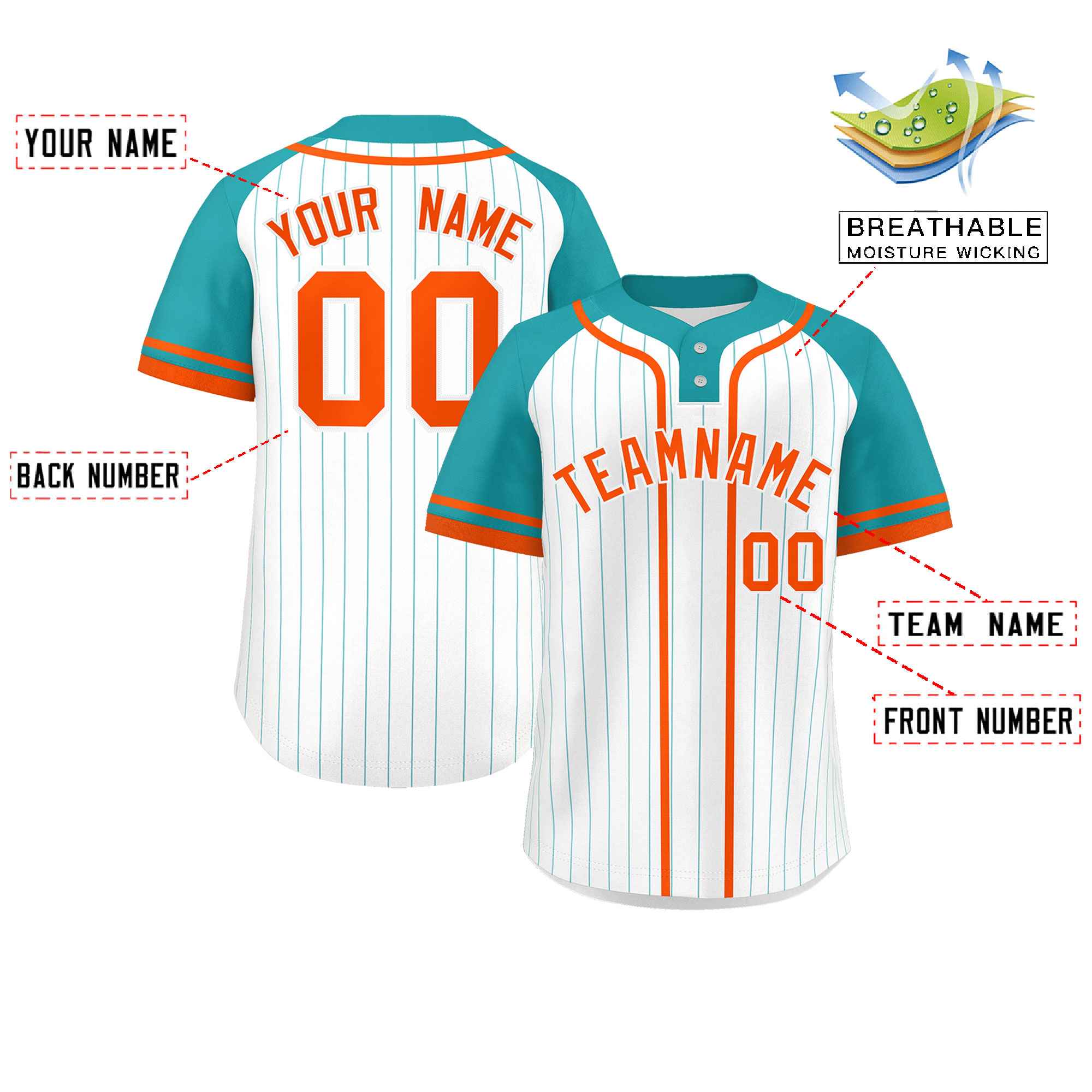 Custom White Aqua-Orange Stripe Fashion Raglan Sleeves Authentic Two-Button Baseball Jersey