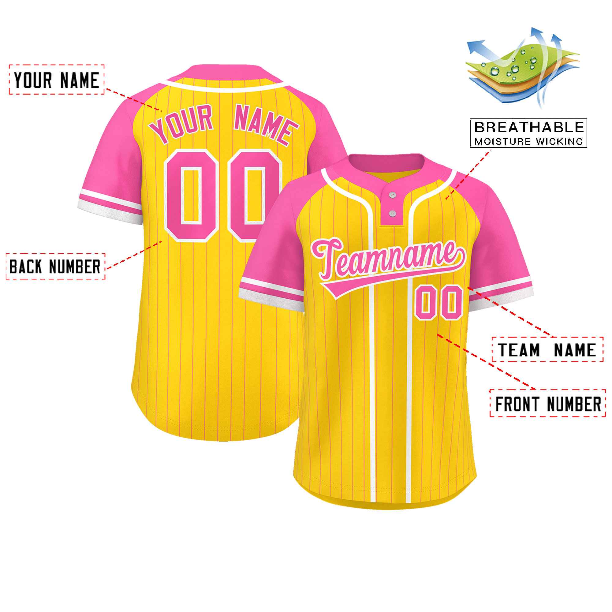 Custom Gold Pink-White Stripe Fashion Raglan Sleeves Authentic Two-Button Baseball Jersey