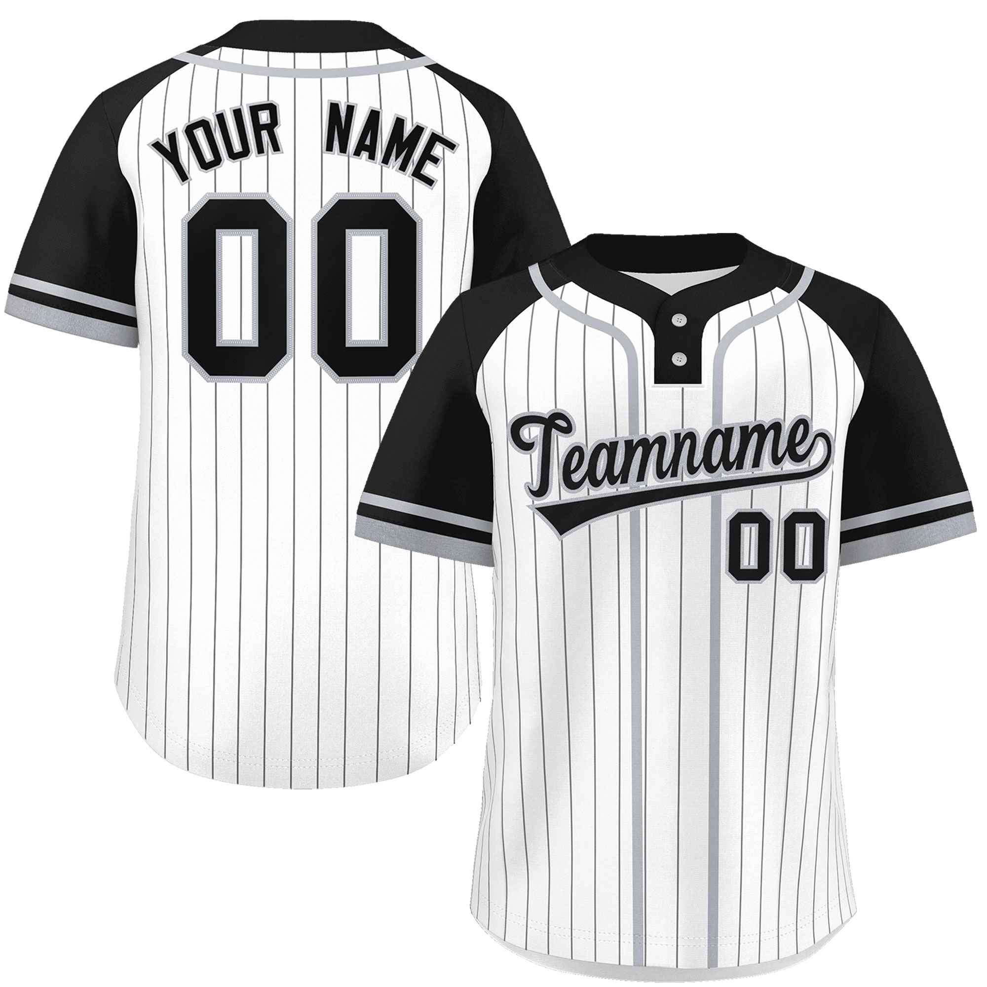 Custom White Black-Gray Stripe Fashion Raglan Sleeves Authentic Two-Button Baseball Jersey