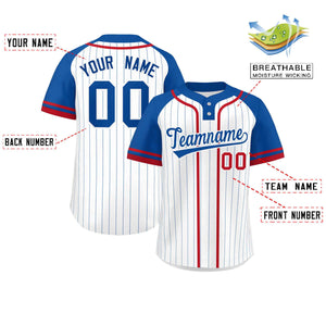 Custom White Royal-Red Stripe Fashion Raglan Sleeves Authentic Two-Button Baseball Jersey