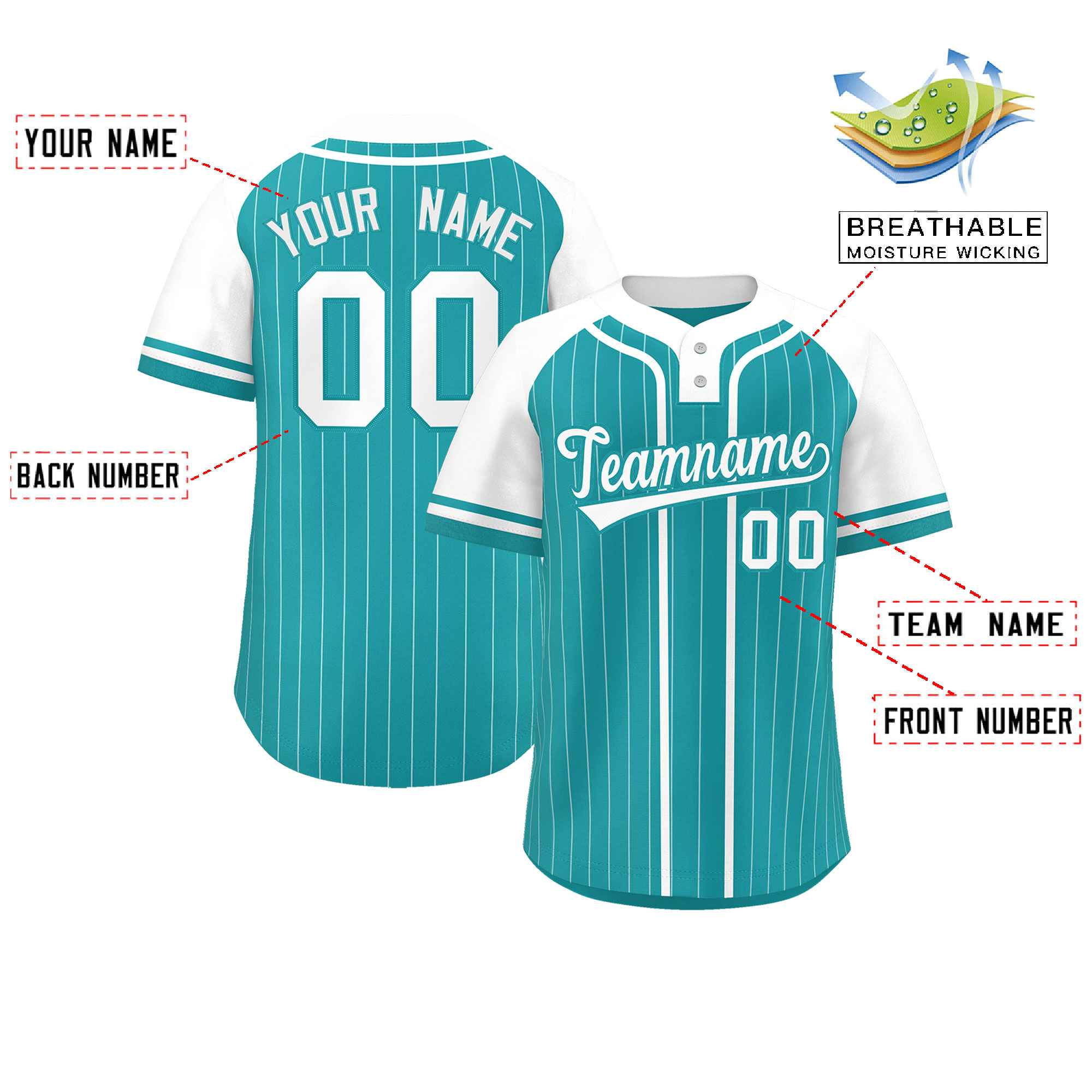 Custom Aqua White Stripe Fashion Raglan Sleeves Authentic Two-Button Baseball Jersey