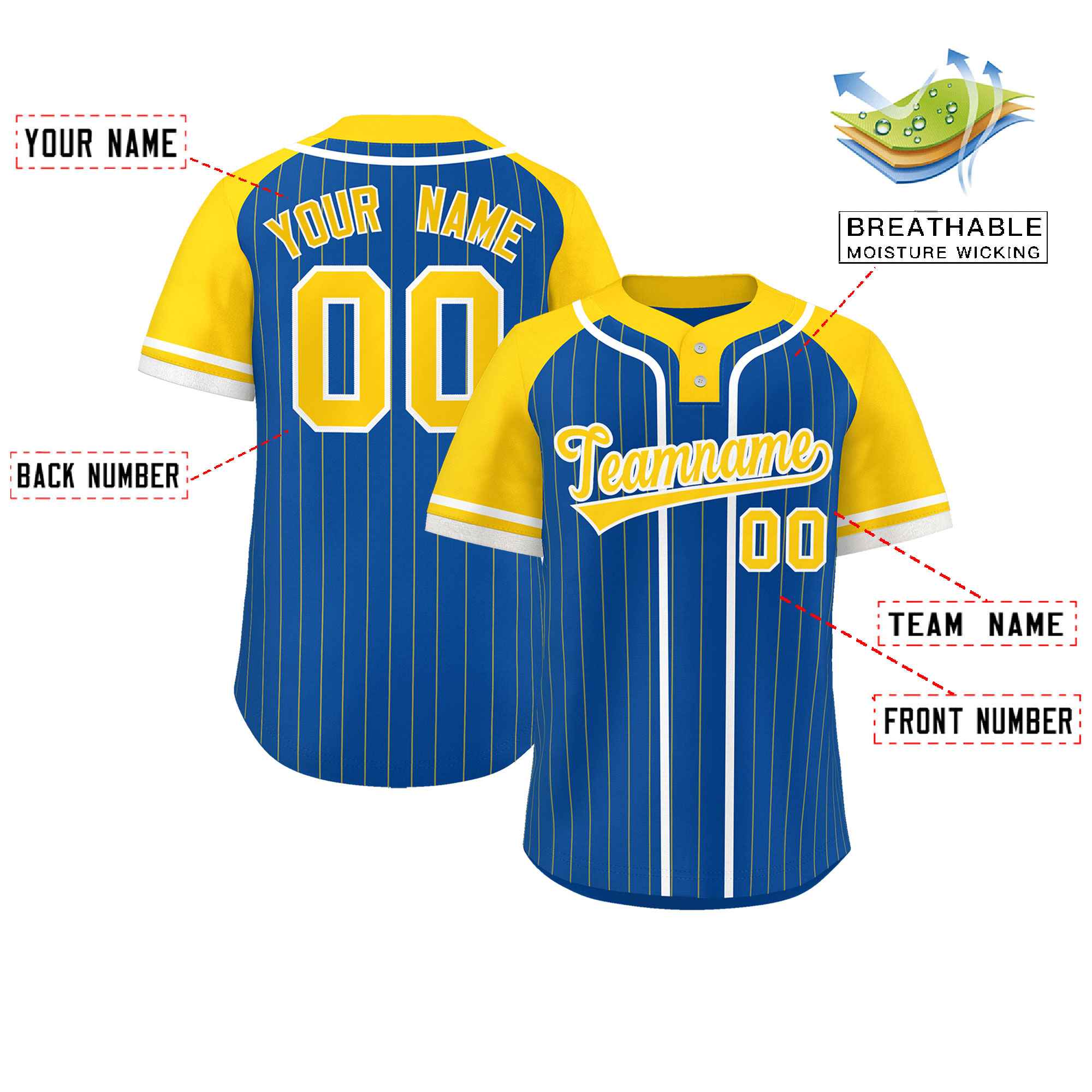 Custom Royal Gold-White Stripe Fashion Raglan Sleeves Authentic Two-Button Baseball Jersey