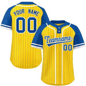 Custom Gold Royal-White Stripe Fashion Raglan Sleeves Authentic Two-Button Baseball Jersey