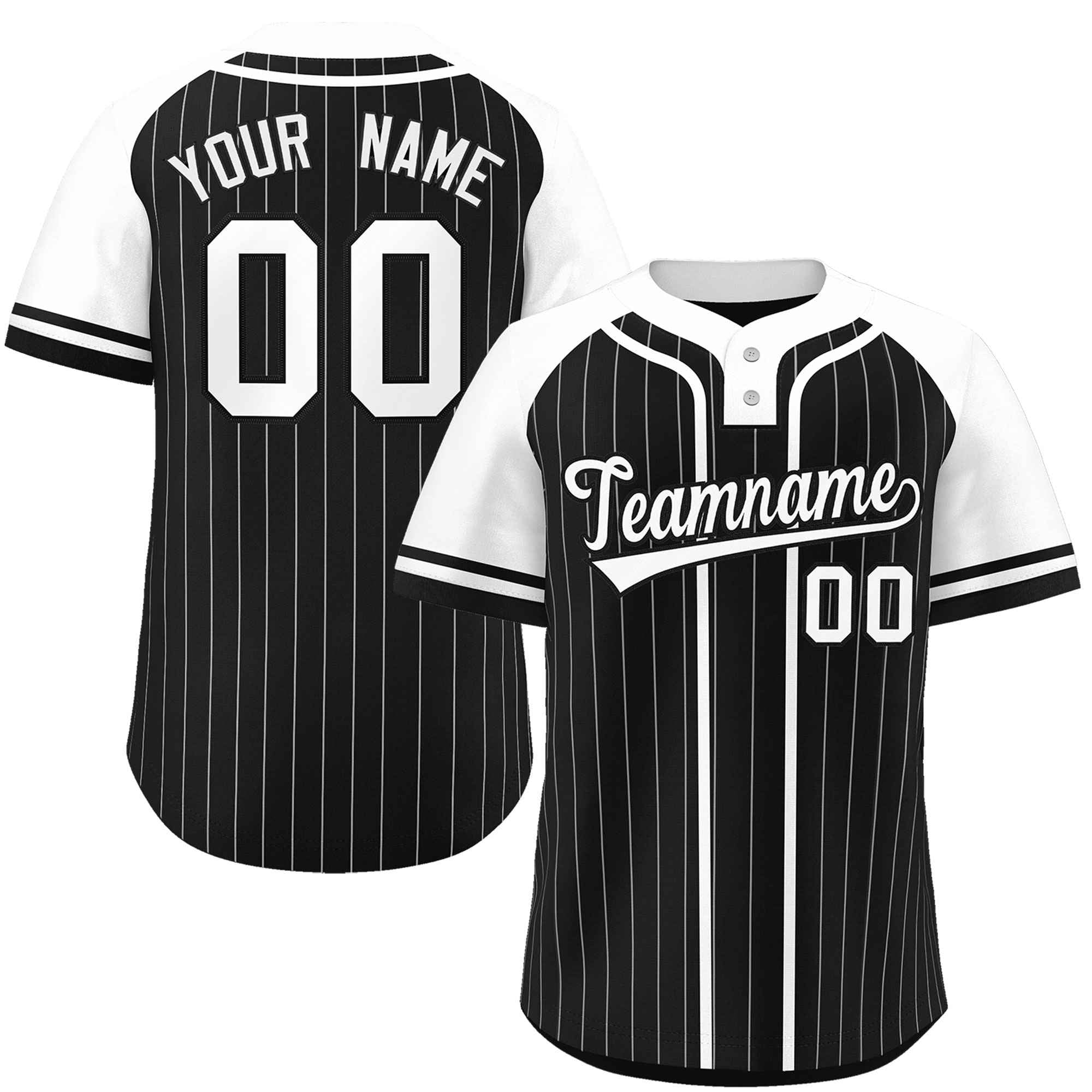 Custom Black White Stripe Fashion Raglan Sleeves Authentic Two-Button Baseball Jersey