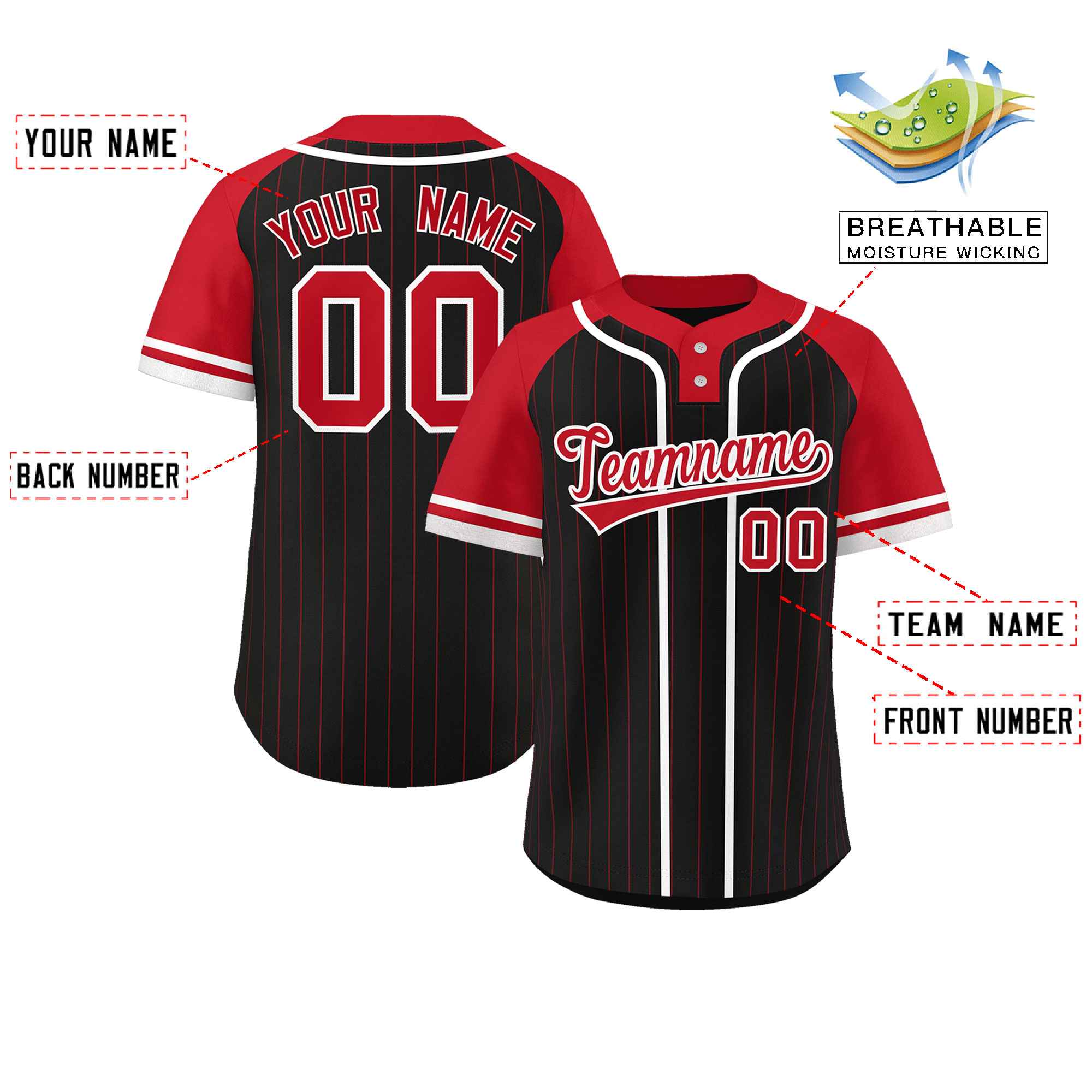 Custom Black Red-White Stripe Fashion Raglan Sleeves Authentic Two-Button Baseball Jersey