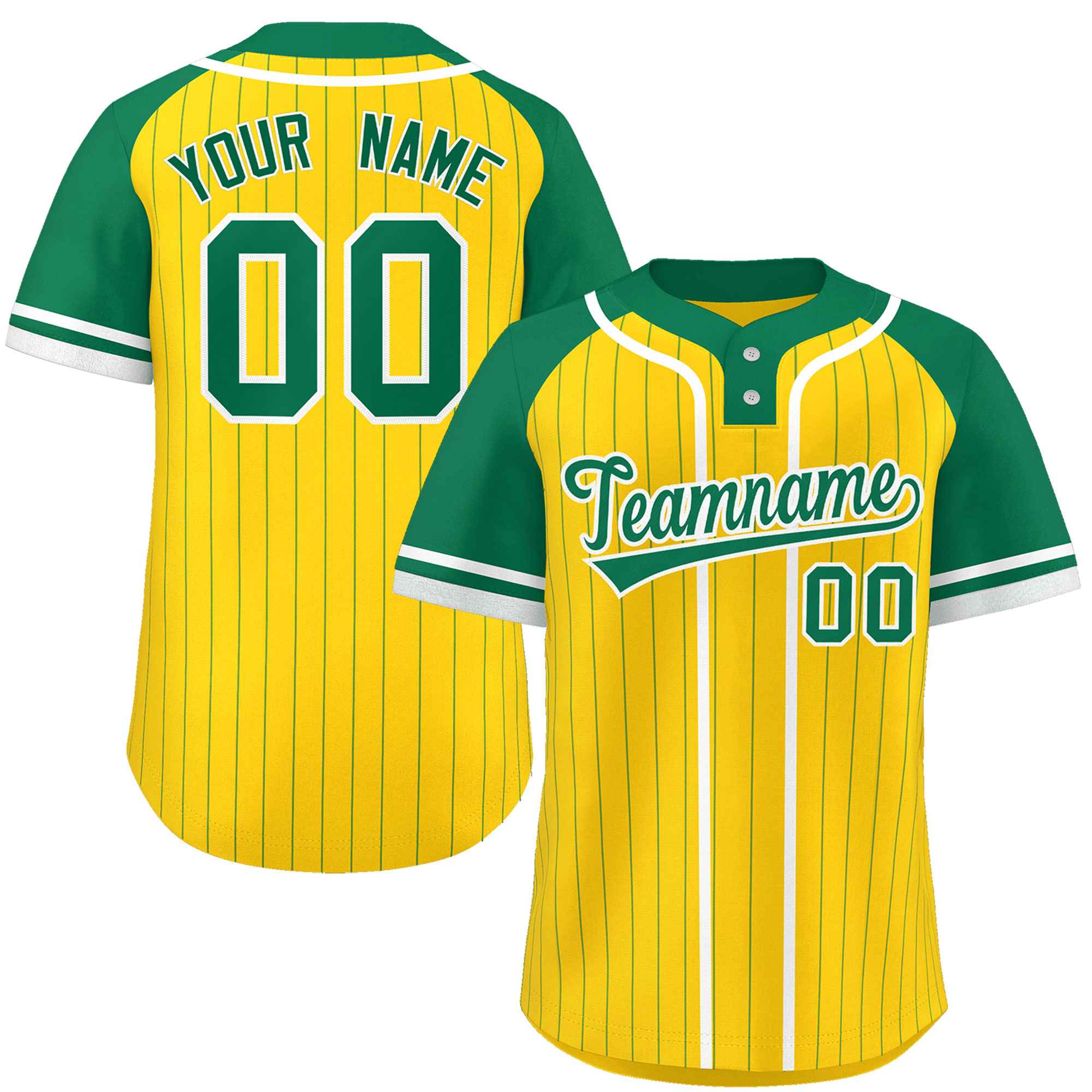 Custom Gold Kelly Green-White Stripe Fashion Raglan Sleeves Authentic Two-Button Baseball Jersey