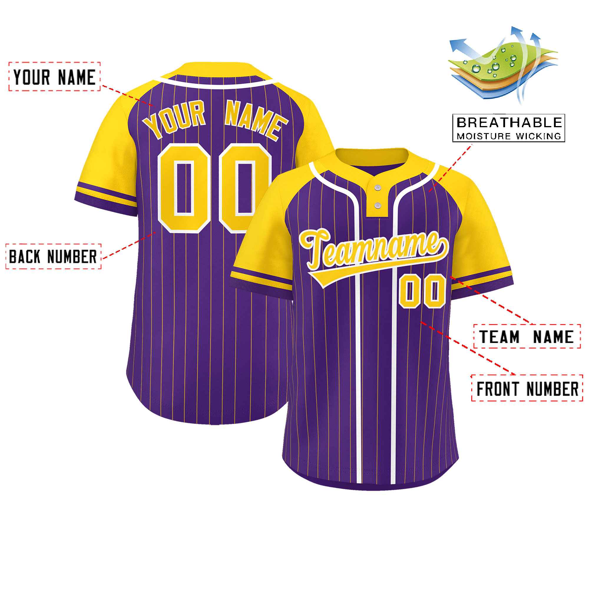 Custom Purple Gold-White Stripe Fashion Raglan Sleeves Authentic Two-Button Baseball Jersey