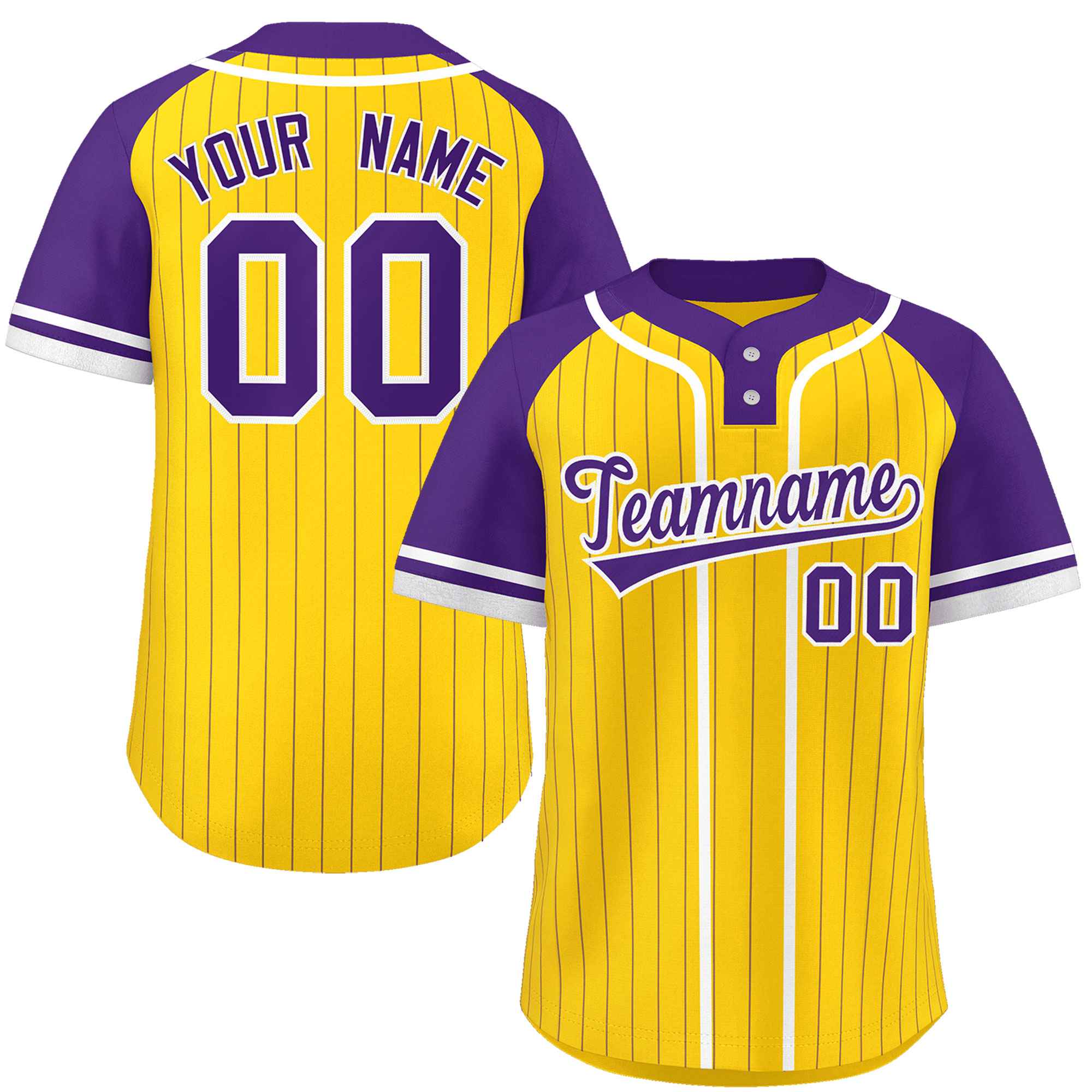 Custom Gold Purple-White Stripe Fashion Raglan Sleeves Authentic Two-Button Baseball Jersey