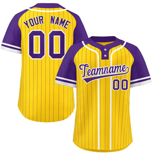 Custom Gold Purple-White Stripe Fashion Raglan Sleeves Authentic Two-Button Baseball Jersey