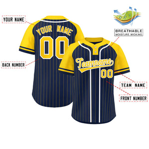 Custom Navy Gold-White Stripe Fashion Raglan Sleeves Authentic Two-Button Baseball Jersey