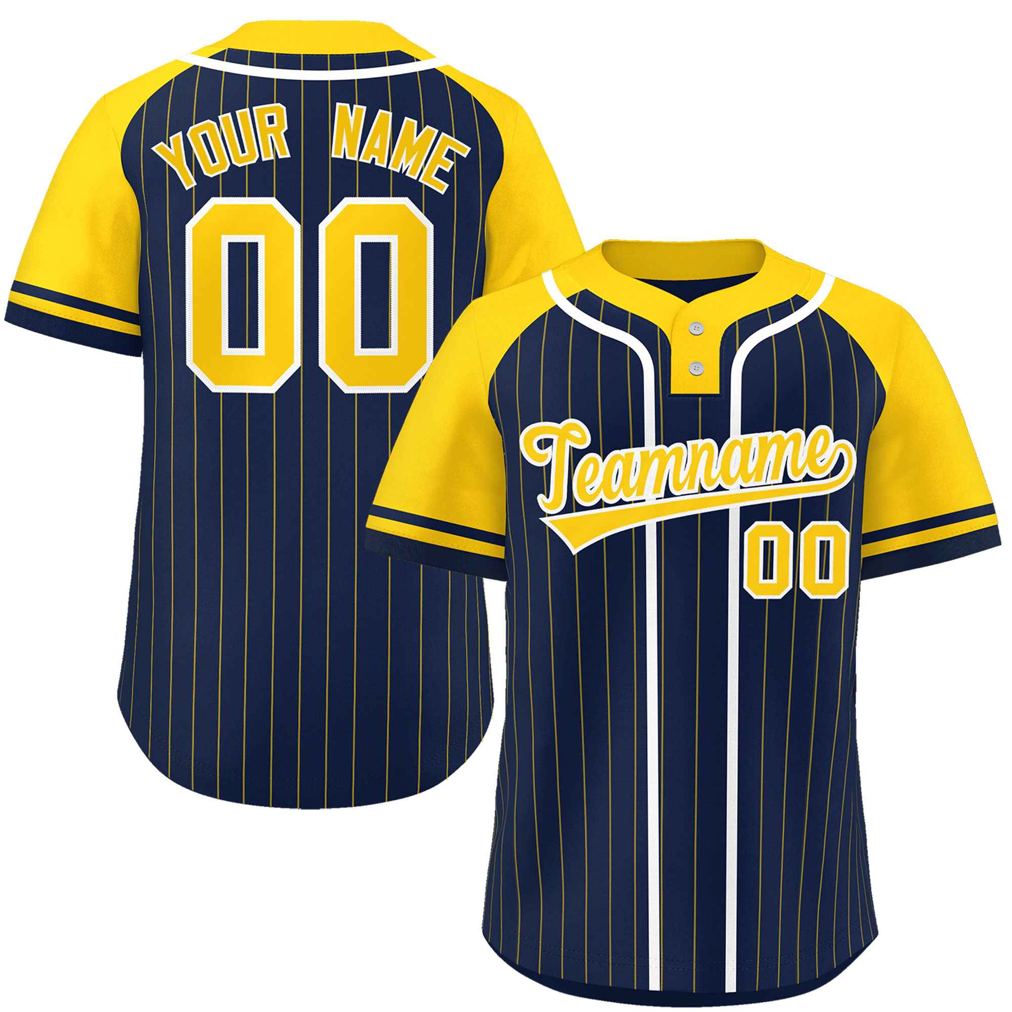 Custom Navy Gold-White Stripe Fashion Raglan Sleeves Authentic Two-Button Baseball Jersey