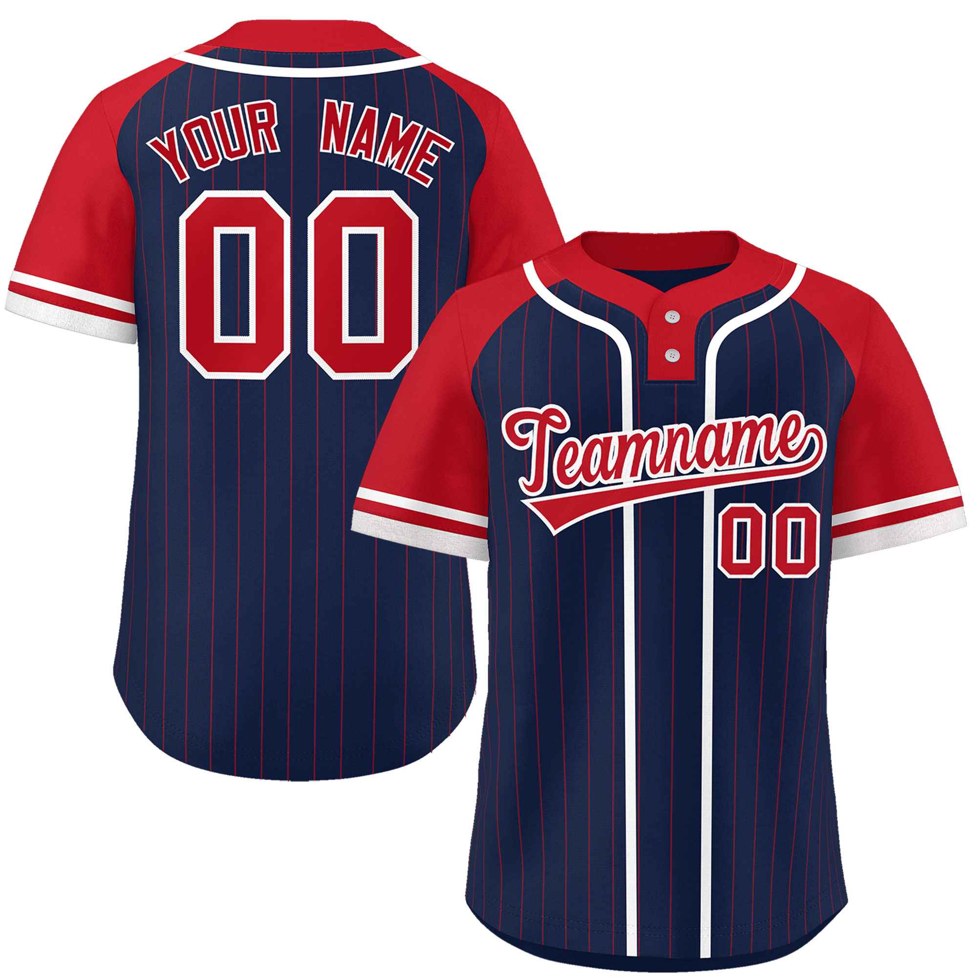 Custom Navy Red-White Stripe Fashion Raglan Sleeves Authentic Two-Button Baseball Jersey