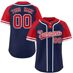 Custom Navy Red-White Stripe Fashion Raglan Sleeves Authentic Two-Button Baseball Jersey