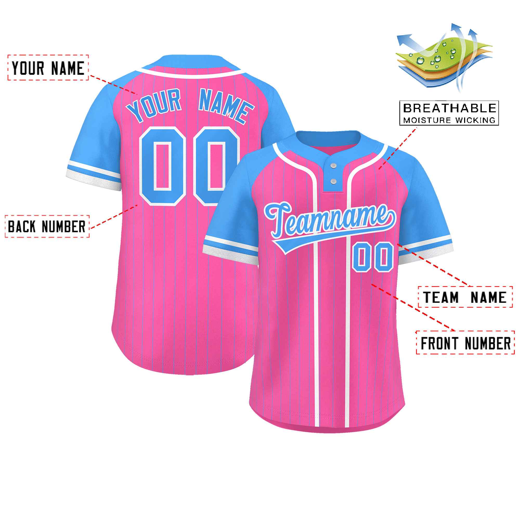 Custom Pink Powder Blue-White Stripe Fashion Raglan Sleeves Authentic Two-Button Baseball Jersey