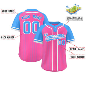 Custom Pink Powder Blue-White Stripe Fashion Raglan Sleeves Authentic Two-Button Baseball Jersey