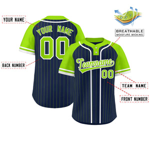 Custom Navy Neon Green-White Stripe Fashion Raglan Sleeves Authentic Two-Button Baseball Jersey