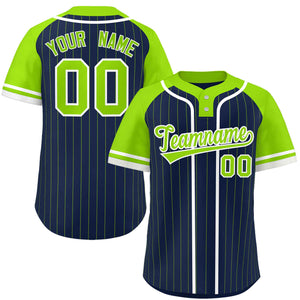 Custom Navy Neon Green-White Stripe Fashion Raglan Sleeves Authentic Two-Button Baseball Jersey