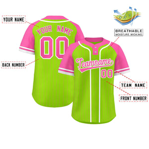 Custom Neon Green Pink-White Stripe Fashion Raglan Sleeves Authentic Two-Button Baseball Jersey