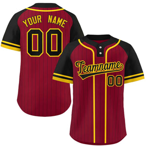 Custom Crimson Black-Gold Stripe Fashion Raglan Sleeves Authentic Two-Button Baseball Jersey