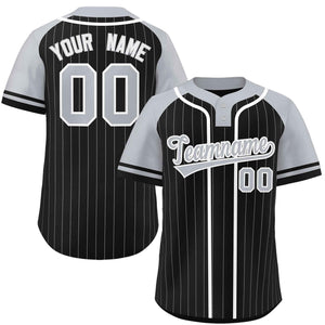 Custom Black Gray-White Stripe Fashion Raglan Sleeves Authentic Two-Button Baseball Jersey