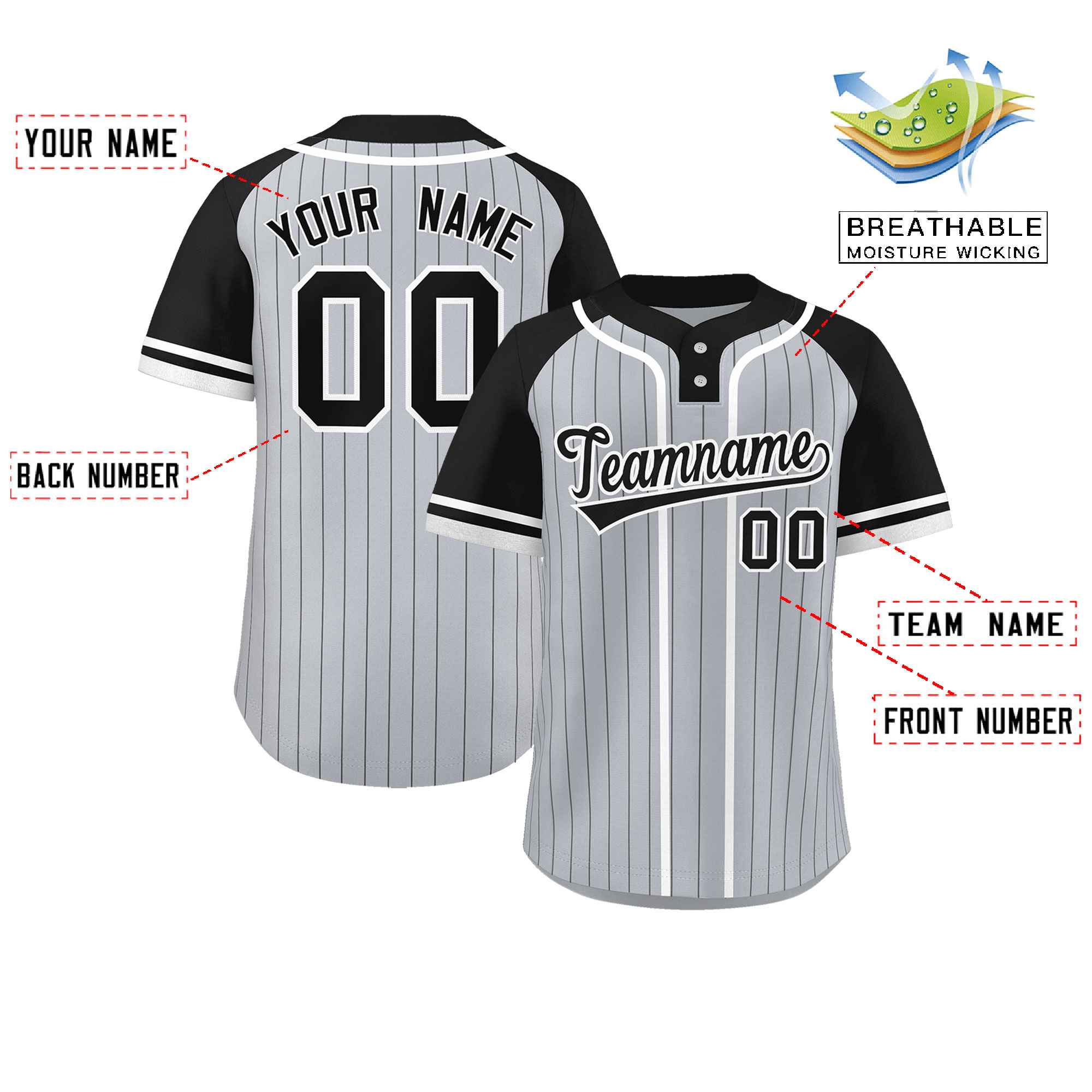 Custom Gray Black-White Stripe Fashion Raglan Sleeves Authentic Two-Button Baseball Jersey