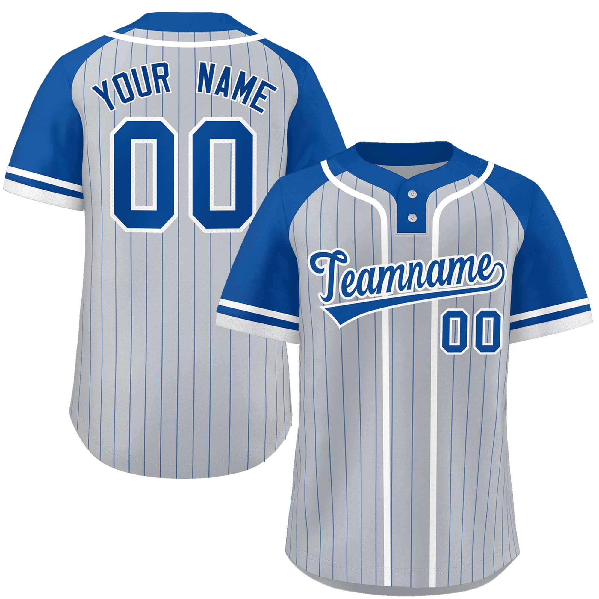 Custom Gray Royal-White Stripe Fashion Raglan Sleeves Authentic Two-Button Baseball Jersey