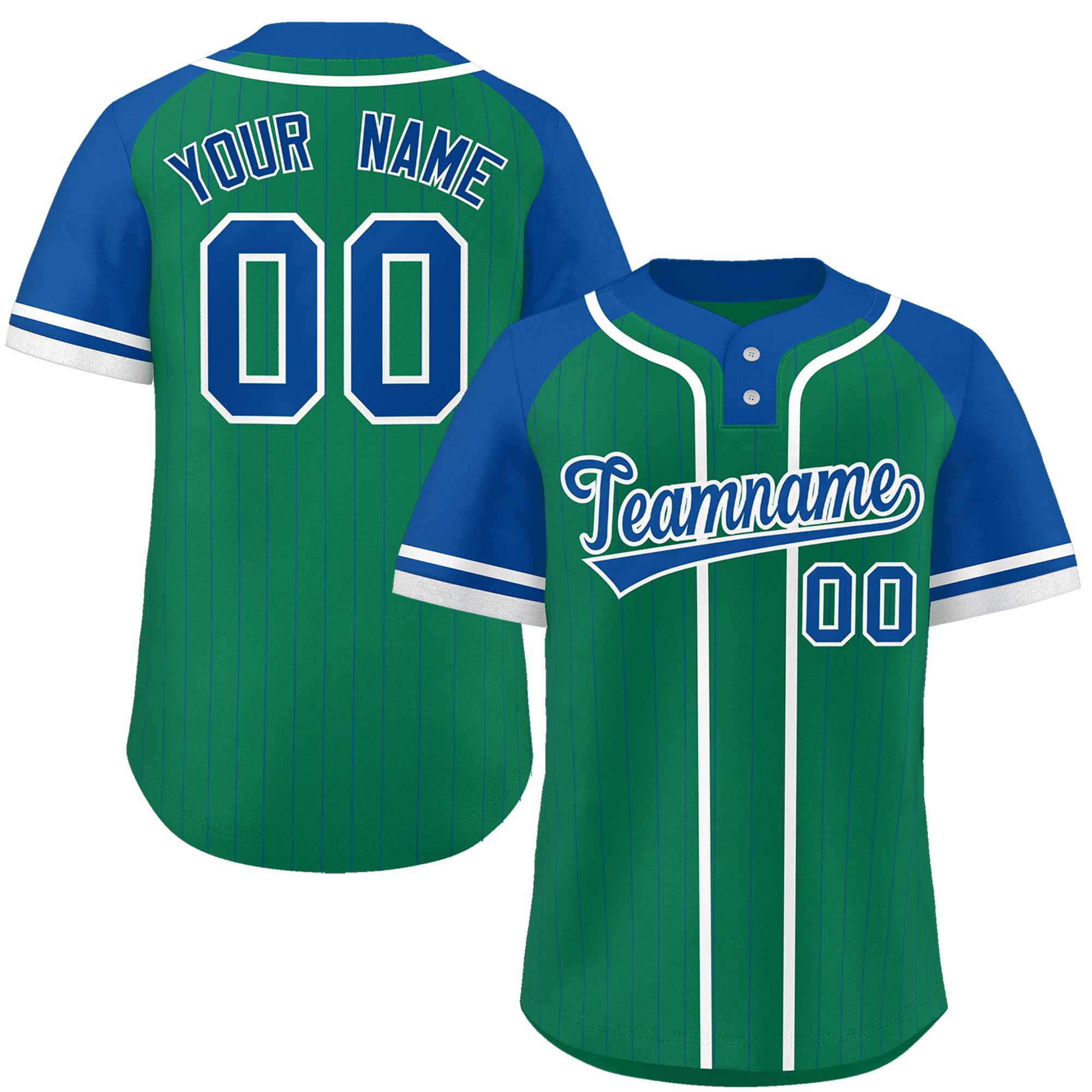 Custom Kelly Green Royal-White Stripe Fashion Raglan Sleeves Authentic Two-Button Baseball Jersey