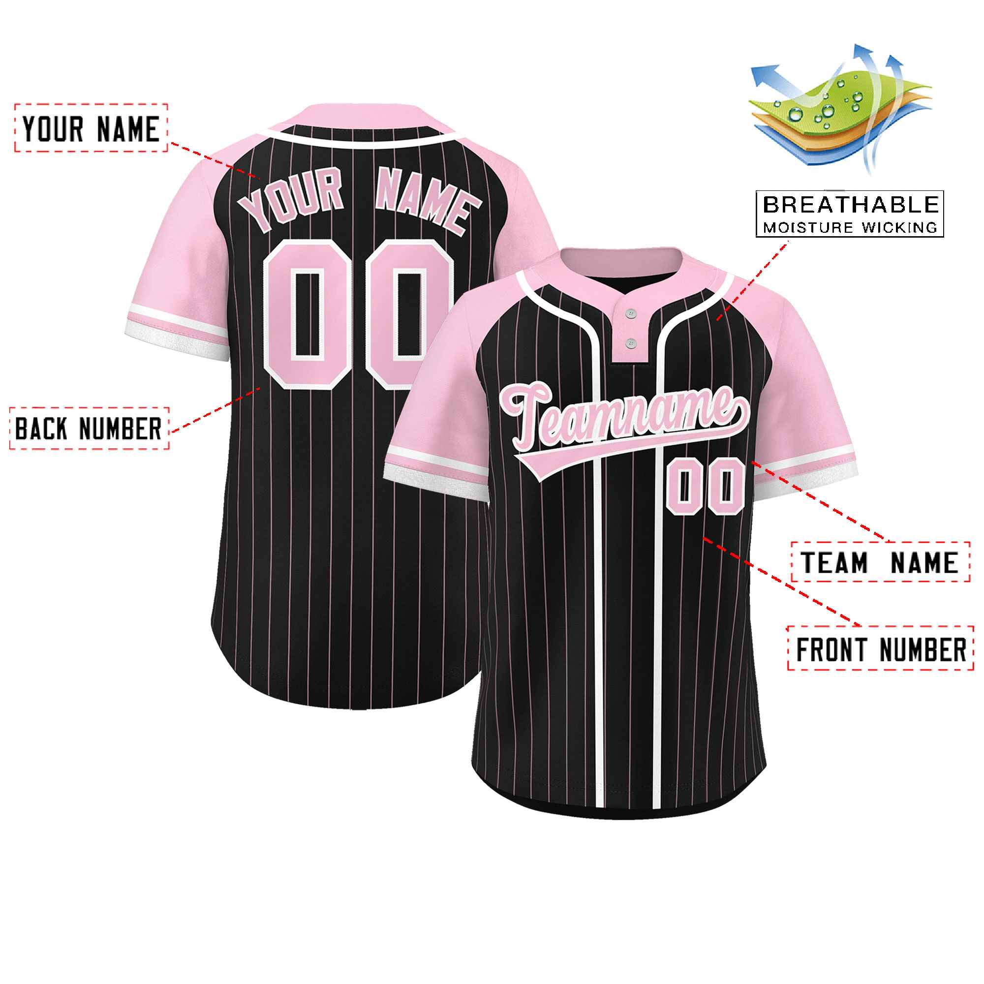 Custom Black Light Pink-White Stripe Fashion Raglan Sleeves Authentic Two-Button Baseball Jersey