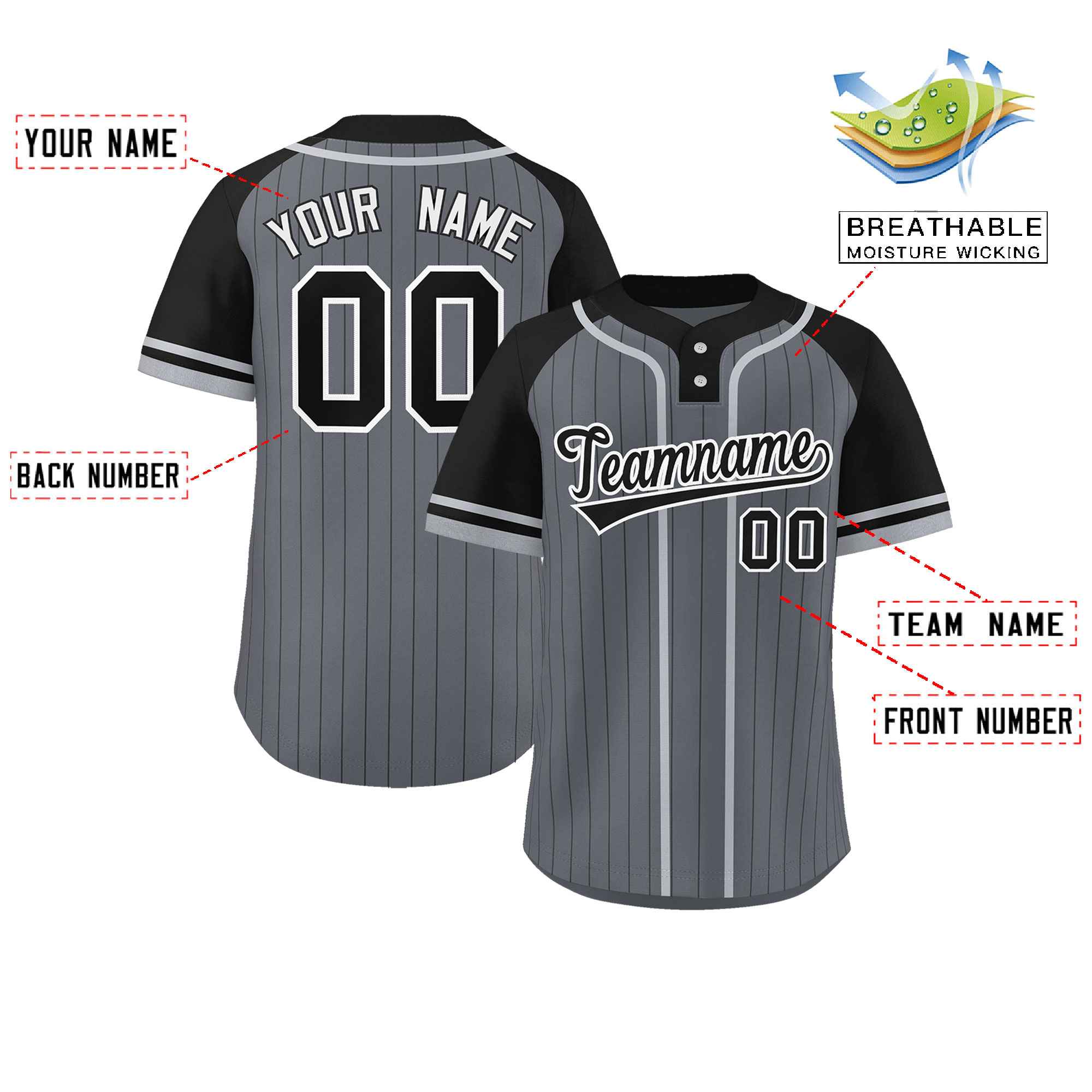 Custom Dark Gray Black-Gray Stripe Fashion Raglan Sleeves Authentic Two-Button Baseball Jersey