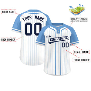 Custom White Light Blue Stripe Fashion Raglan Sleeves Authentic Two-Button Baseball Jersey