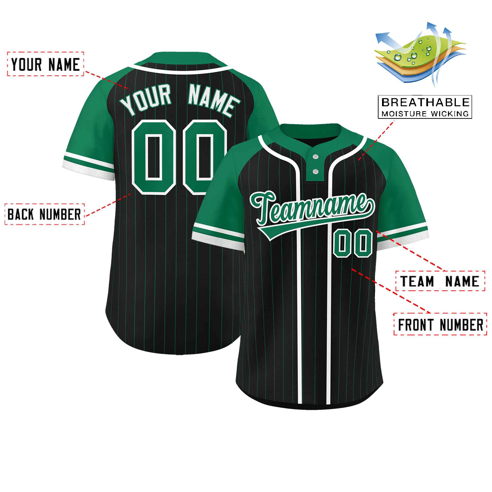 Custom Black Kelly Green-White Stripe Fashion Raglan Sleeves Authentic Two-Button Baseball Jersey