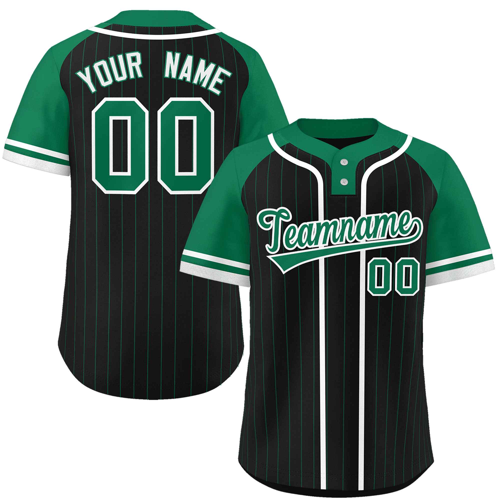 Custom Black Kelly Green-White Stripe Fashion Raglan Sleeves Authentic Two-Button Baseball Jersey