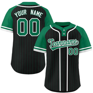 Custom Black Kelly Green-White Stripe Fashion Raglan Sleeves Authentic Two-Button Baseball Jersey