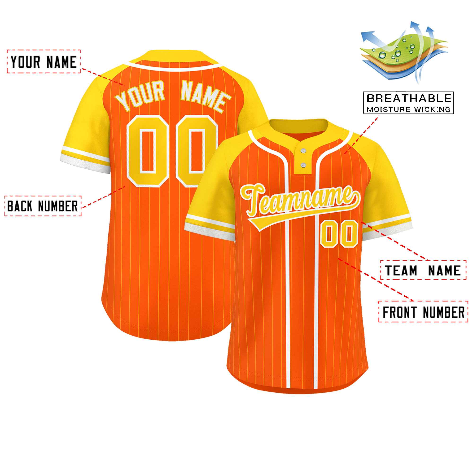 Custom Orange Gold-White Stripe Fashion Raglan Sleeves Authentic Two-Button Baseball Jersey