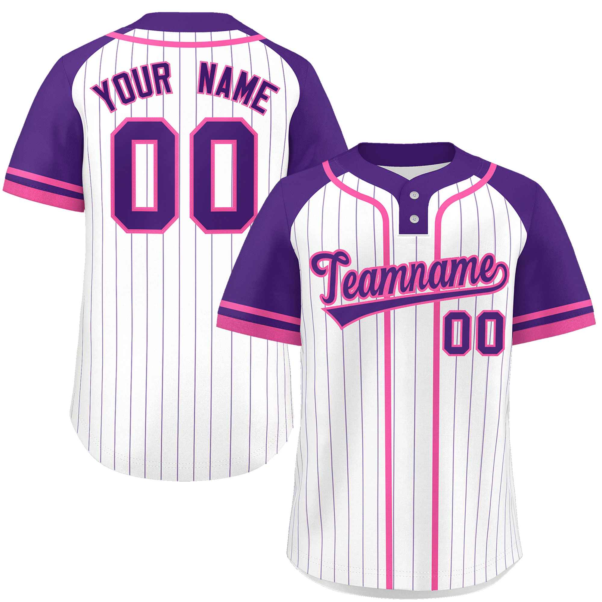 Custom White Purple-Pink Stripe Fashion Raglan Sleeves Authentic Two-Button Baseball Jersey