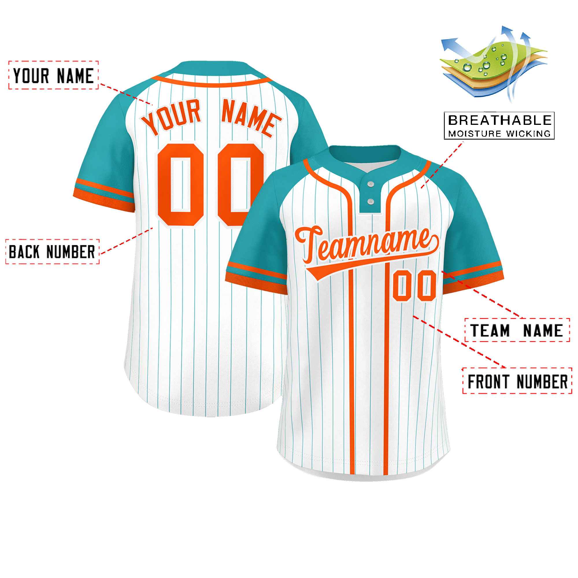 Custom White Aqua-Orange Stripe Fashion Raglan Sleeves Authentic Two-Button Baseball Jersey