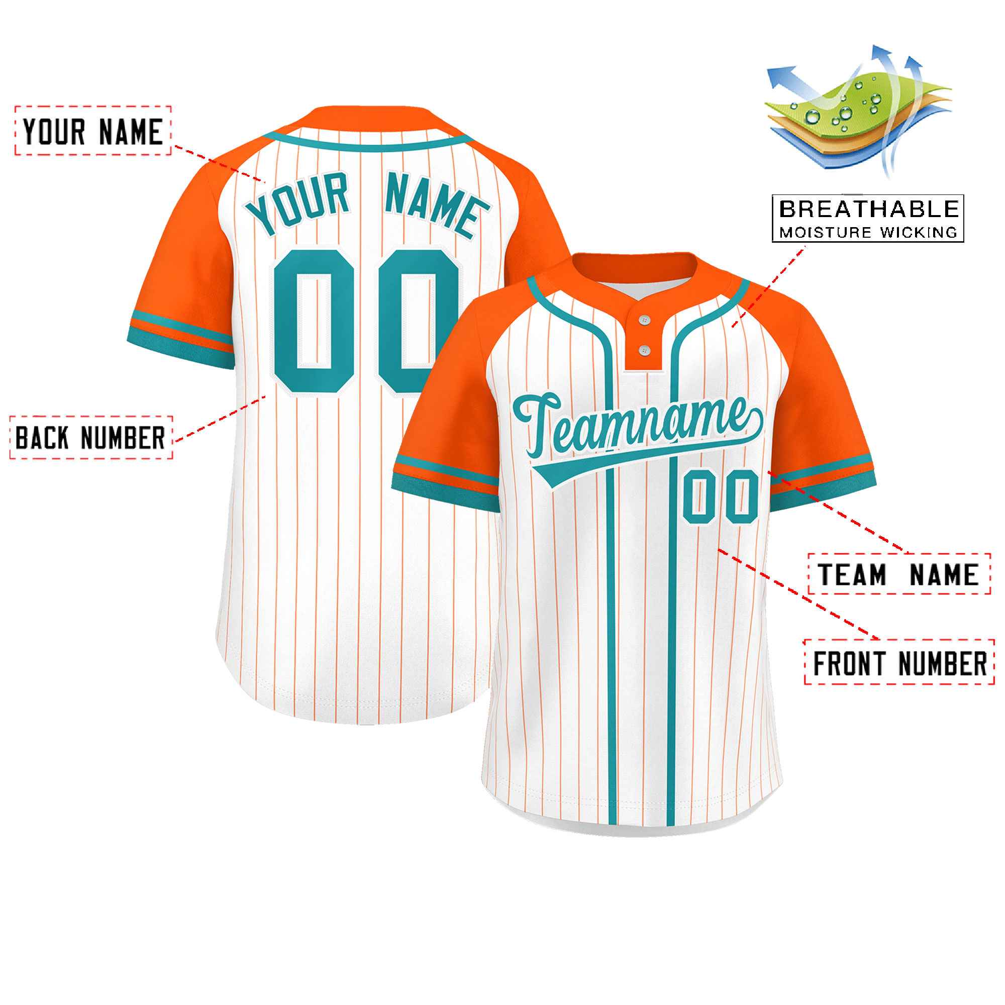 Custom White Orange-Aqua Stripe Fashion Raglan Sleeves Authentic Two-Button Baseball Jersey