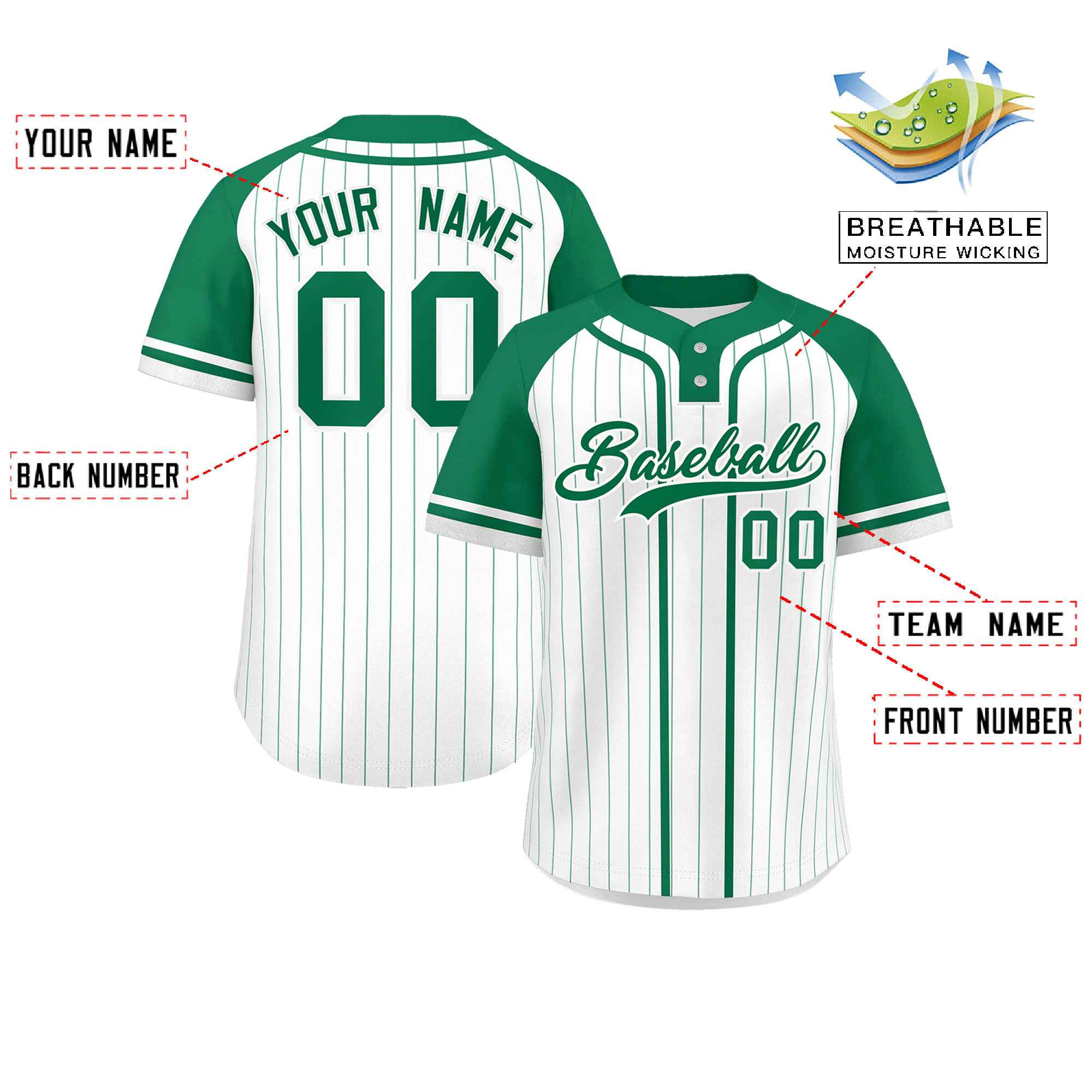 Custom White Kelly Green Stripe Fashion Raglan Sleeves Authentic Two-Button Baseball Jersey