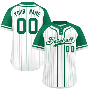 Custom White Kelly Green Stripe Fashion Raglan Sleeves Authentic Two-Button Baseball Jersey