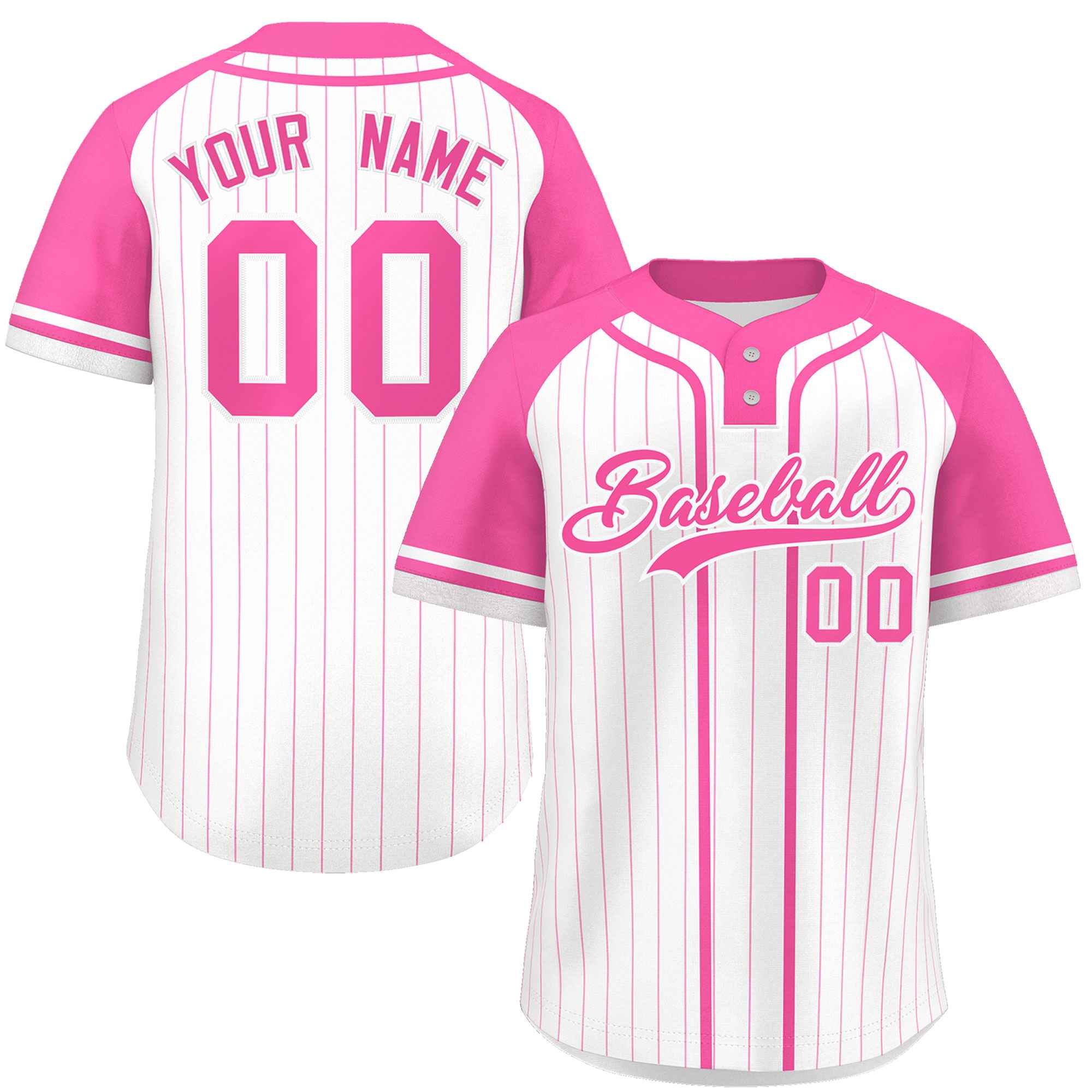 Custom White Pink Stripe Fashion Raglan Sleeves Authentic Two-Button Baseball Jersey