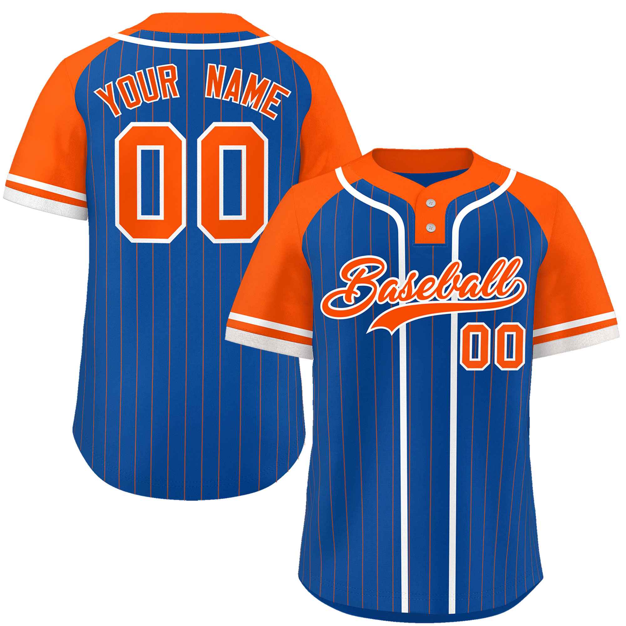 Custom Royal Orange-White Stripe Fashion Raglan Sleeves Authentic Two-Button Baseball Jersey