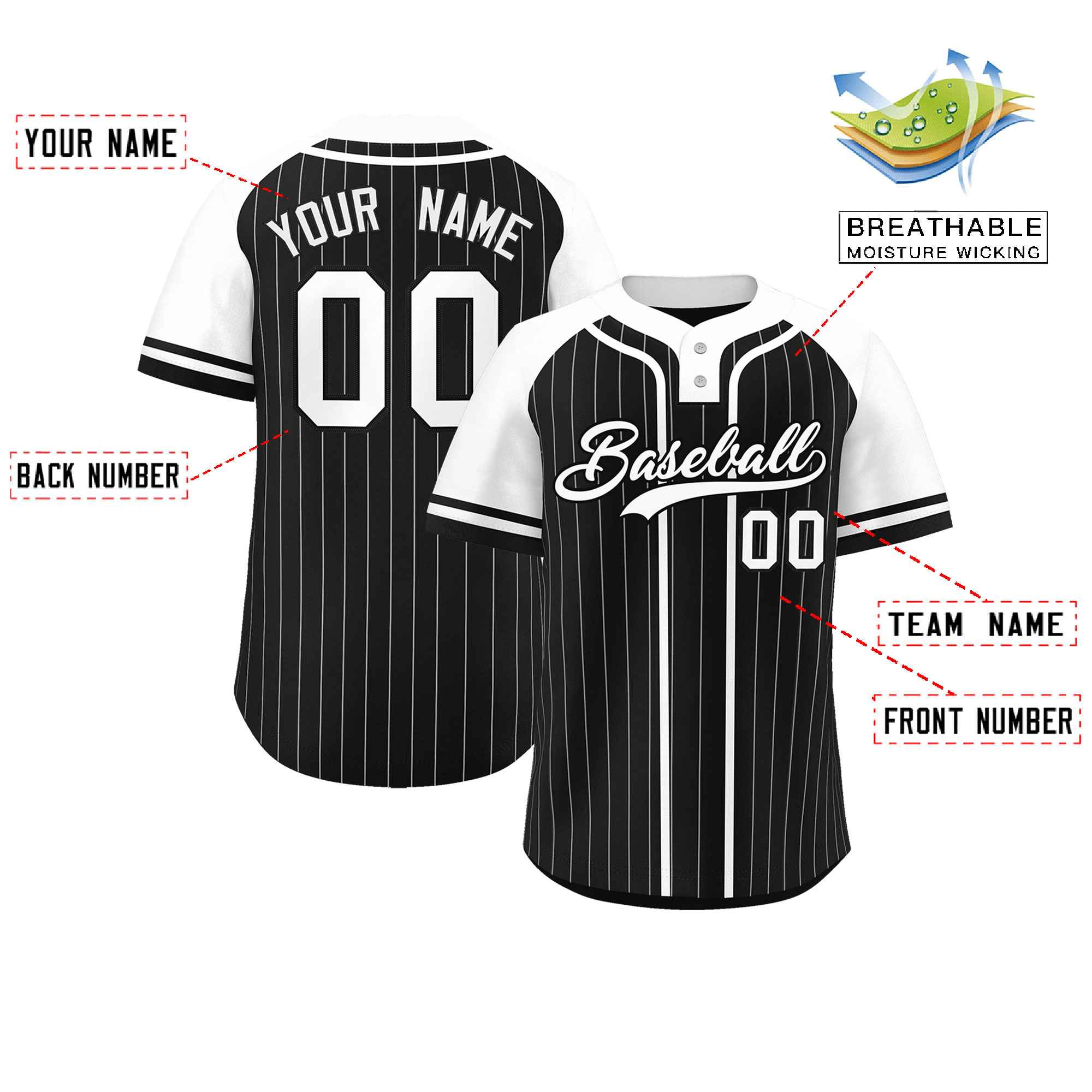 Custom Black White Stripe Fashion Raglan Sleeves Authentic Two-Button Baseball Jersey