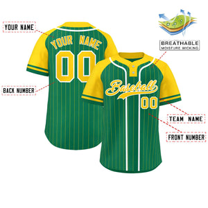 Custom Kelly Green Gold-White Stripe Fashion Raglan Sleeves Authentic Two-Button Baseball Jersey