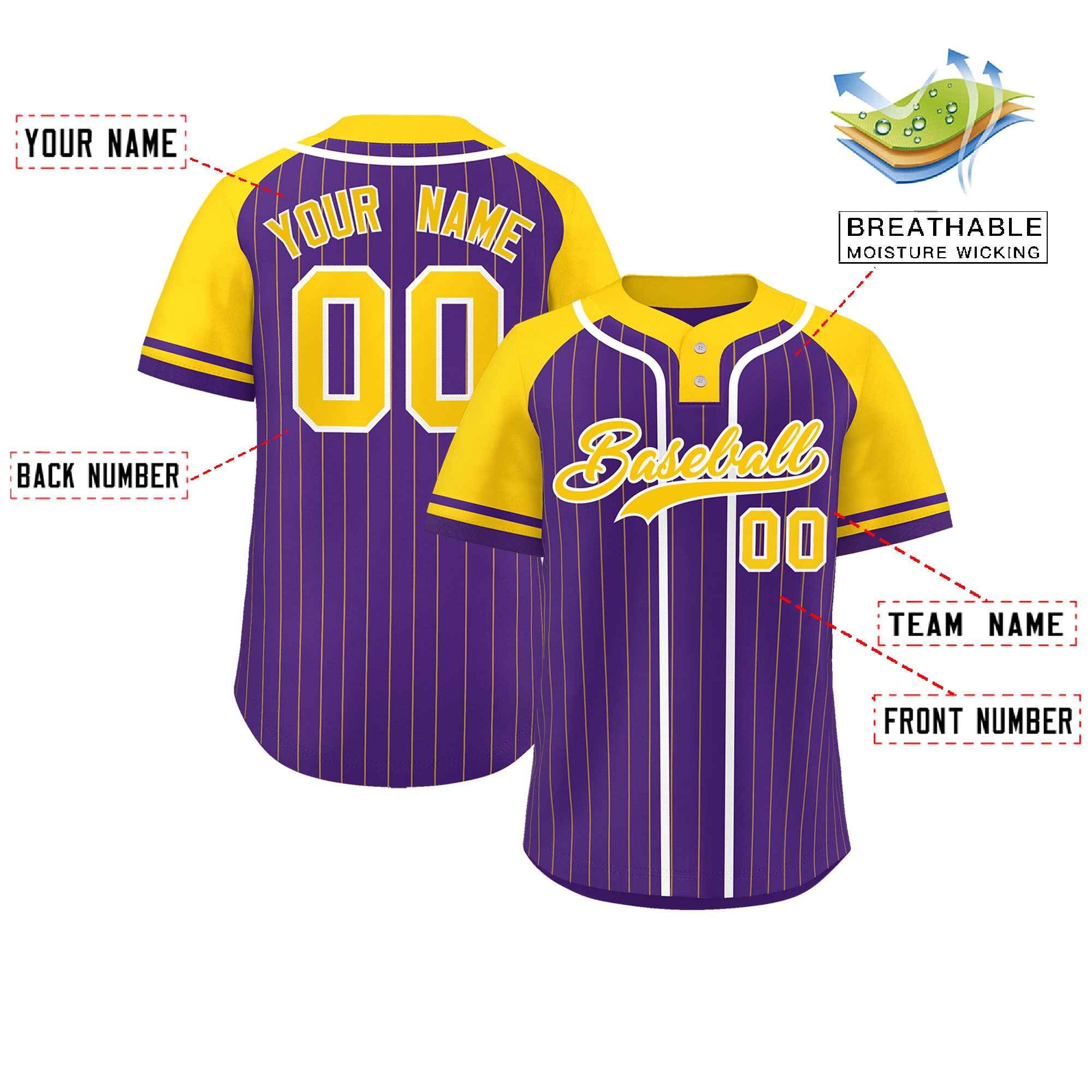 Custom Purple Gold-White Stripe Fashion Raglan Sleeves Authentic Two-Button Baseball Jersey