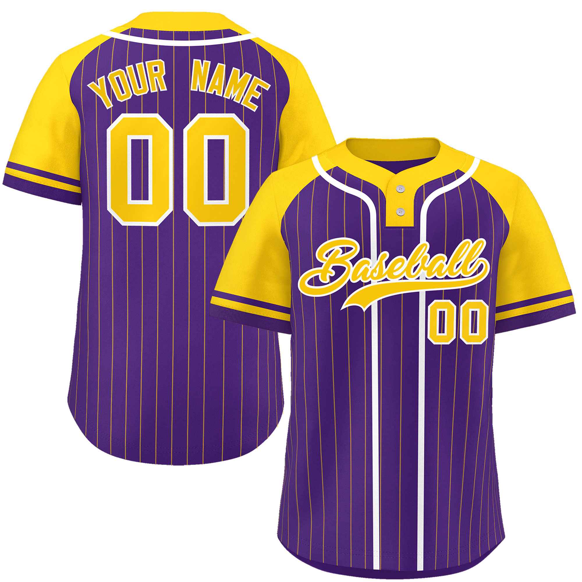 Custom Purple Gold-White Stripe Fashion Raglan Sleeves Authentic Two-Button Baseball Jersey