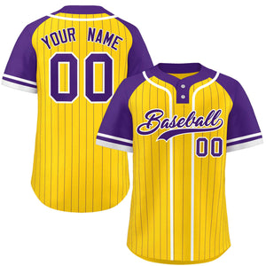 Custom Gold Purple-White Stripe Fashion Raglan Sleeves Authentic Two-Button Baseball Jersey