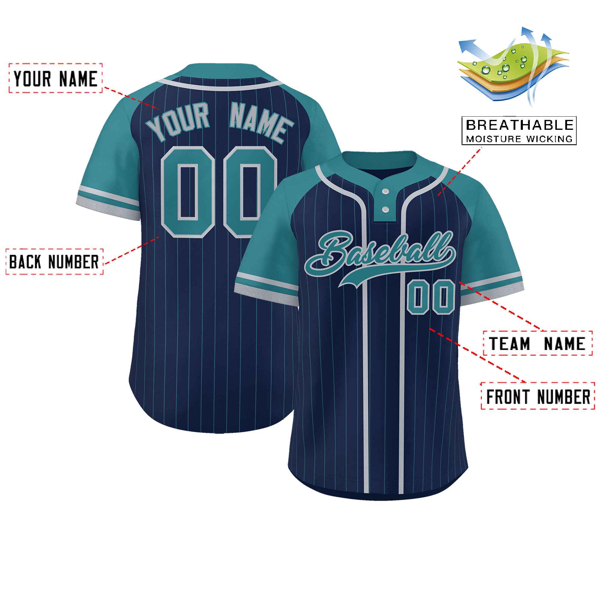 Custom Navy Aqua-Gray Stripe Fashion Raglan Sleeves Authentic Two-Button Baseball Jersey