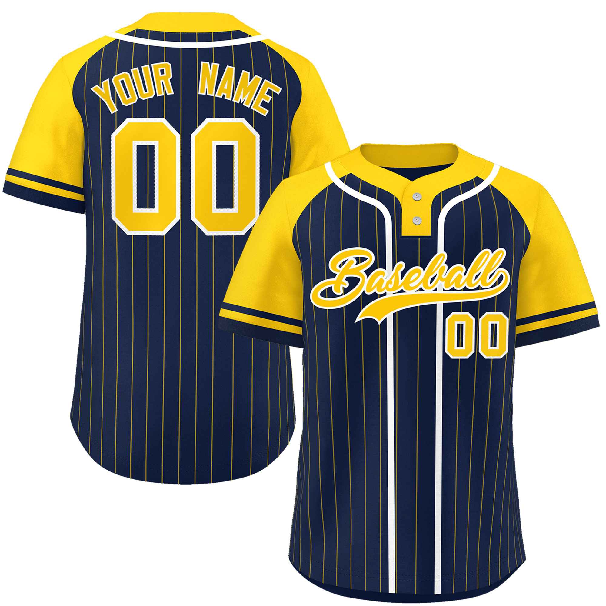 Custom Navy Gold-White Stripe Fashion Raglan Sleeves Authentic Two-Button Baseball Jersey